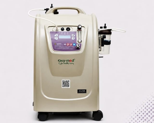 Oxymed 10 litre oxygen concentrator in beige with a humidifier bottle