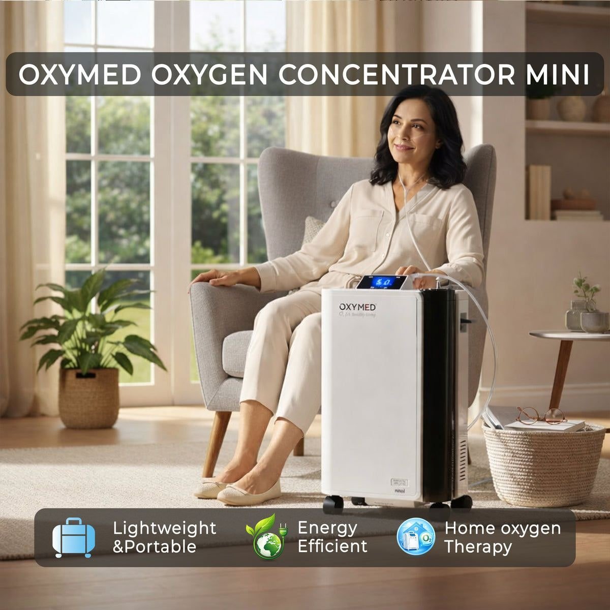 Oxymed Mini oxygen concentrator in a living room