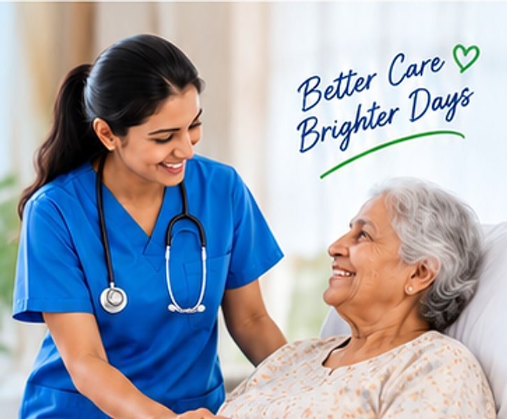 Nurse in blue scrubs caring for a smiling elderly woman at home